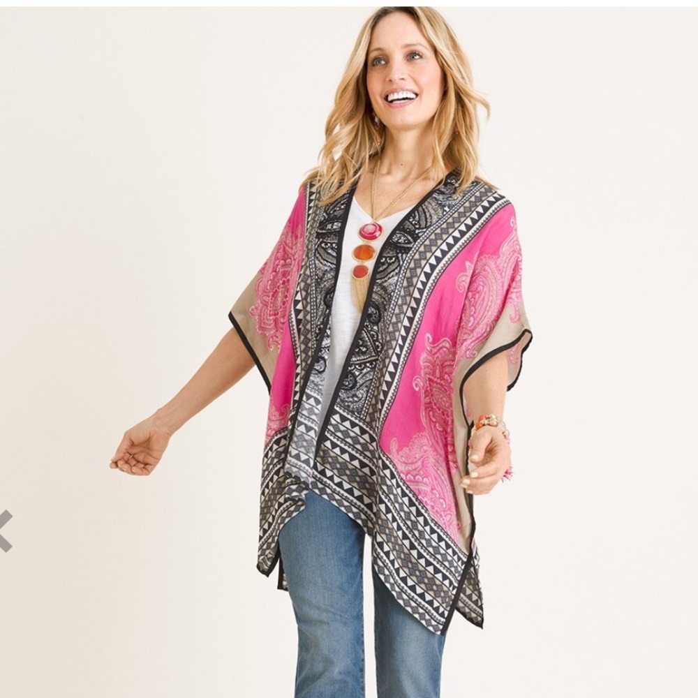 Chico's Pink/Black/Beige Embroidered Oversized Open Front Paisley Ruana Wrap S/M